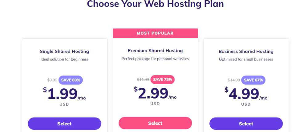 три тарифных плана виртуального хостинга на Hostinger.com