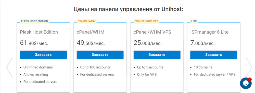 Выбор панелей управления на Unihost